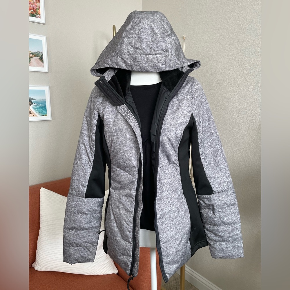 Gray and black hooded puffer jacket.